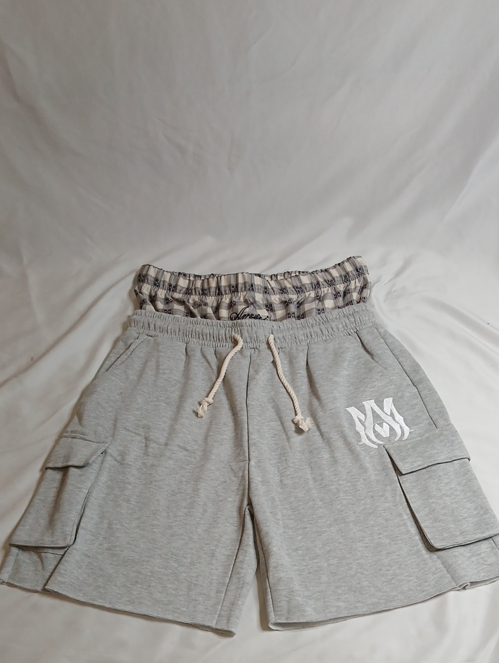 AMIRI 2 Layer Heather Gray Cargo Lounge Shorts with White Logo